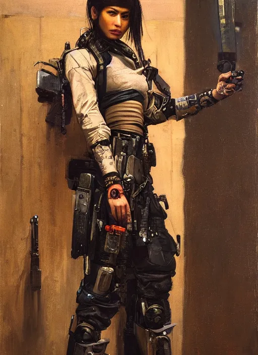 Prompt: Ada. beautiful cyberpunk Samurai woman wearing a military vest and military jumpsuit (cyberpunk 2077, bladerunner 2049). gorgeous african face. Iranian orientalist portrait by john william waterhouse and Edwin Longsden Long and Theodore Ralli and Nasreddine Dinet, oil on canvas. Cinematic, hyper realism, realistic proportions, dramatic lighting, high detail 4k