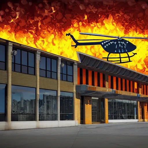 Image similar to helicopter on fire flies into the building, yellow colors, digital art