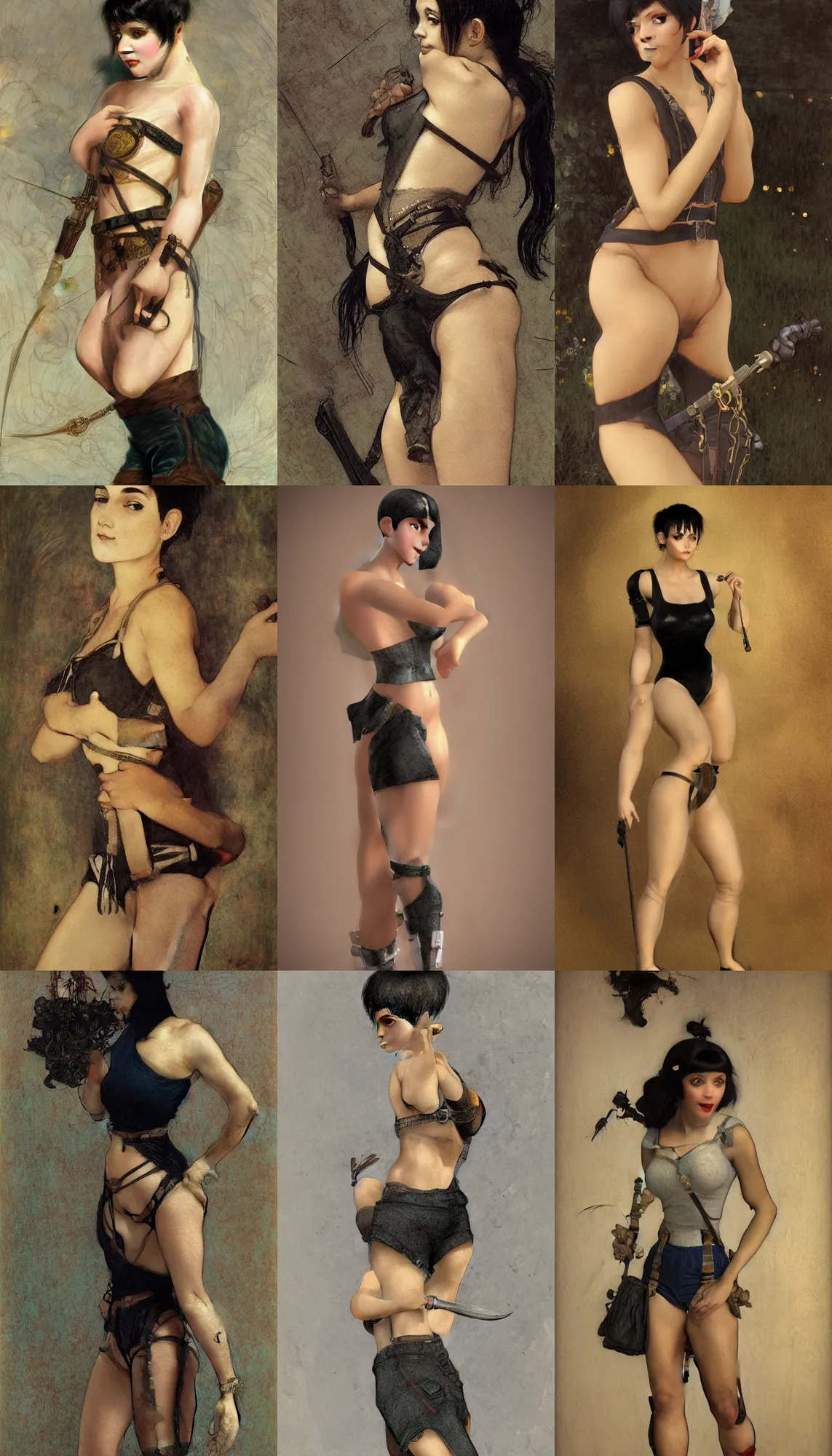 Prompt: a girl with black hair pixie cut in shorts with suspenders drawn by leonardo da vinci, frank frazetta, ralph bakshi, alphonse mucha, gustav klimt 8k, 4k, unreal 5, DAZ, trending on artstation, octane render, hyperrealistic