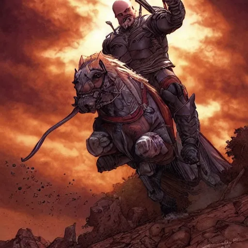 Image similar to chonky bald grey bearded ethan van sciver riding a dark horse into battle, full view, beautiful zoomed out artwork by artgerm and rutkowski, breathtaking, beautifully lit, dramatic, full view