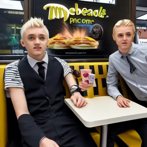 Image similar to Draco Malfoy and Eddie Munson sitting at a booth in McDonalds, McDonalds interior background, photo