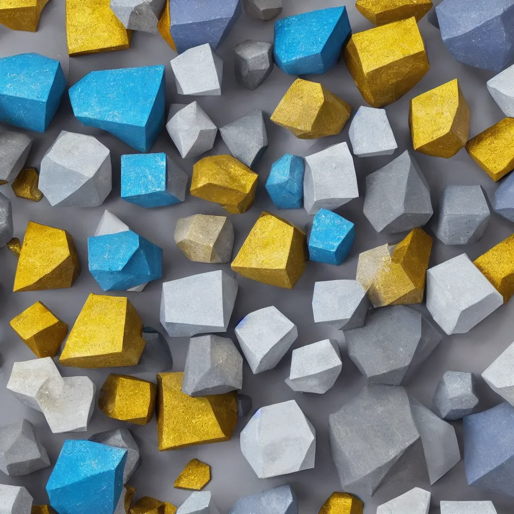 Image similar to 3 dimensional solid large globular geometric 3 d shapes made of solid impasto oil paint, with strong top right lighting creating shadows, each shape has a covering of sparkling golden pyrites cubes, colours cream and blue - grey