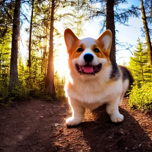 Image similar to 8k highly detailed photograph of a happy gnome riding the most adorable Corgi Puppy, on a forest hiking trail golden hour,