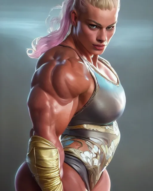 Image similar to full figure ultra realistic illustration, margot robbie as thick female bodybuilder zarya from overwatch, intricate, elegant, highly detailed, digital painting, artstation, concept art, smooth, sharp focus, illustration, art by artgerm and greg rutkowski and alphonse mucha