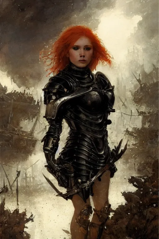 Image similar to short muscular redhead young woman wearing black medieval armour, bare legs, detailed, by gaston bussiere, bayard wu, greg rutkowski, giger, maxim verehin, greg rutkowski, masterpiece, sharp focus, cinematic lightning