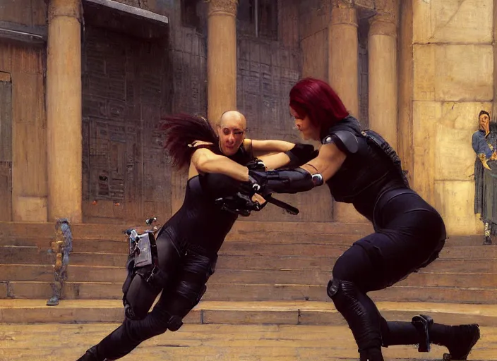 Prompt: Maria evades sgt bob Griggs. Athletic Cyberpunk hacker escaping Menacing Cyberpunk police trooper griggs. (dystopian, police state, Cyberpunk 2077, bladerunner 2049). Iranian orientalist portrait by john william waterhouse and Edwin Longsden Long and Theodore Ralli and Nasreddine Dinet, oil on canvas. Cinematic, vivid colors, hyper realism, realistic proportions, dramatic lighting, high detail 4k
