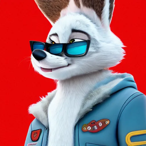 Image similar to upper half portrait of a anthropomorphic female snowfox with short fur covering her body, wearing a denim jacket in the style of zootopia, far shot,