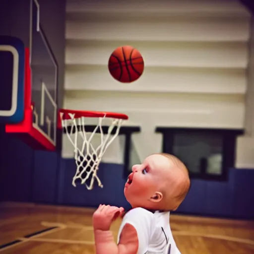 Prompt: a baby dunking a basketball, dramatic action photography, close up, epic shot