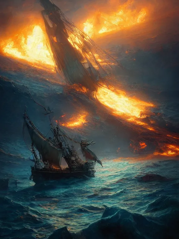 Image similar to photo of 8k ultra realistic pirate ghost ship on fire, full of colour, cinematic lighting, battered, trending on artstation, 4k, hyperrealistic, focused, extreme details,unreal engine 5, cinematic, masterpiece, art by Peter Mohrbacher