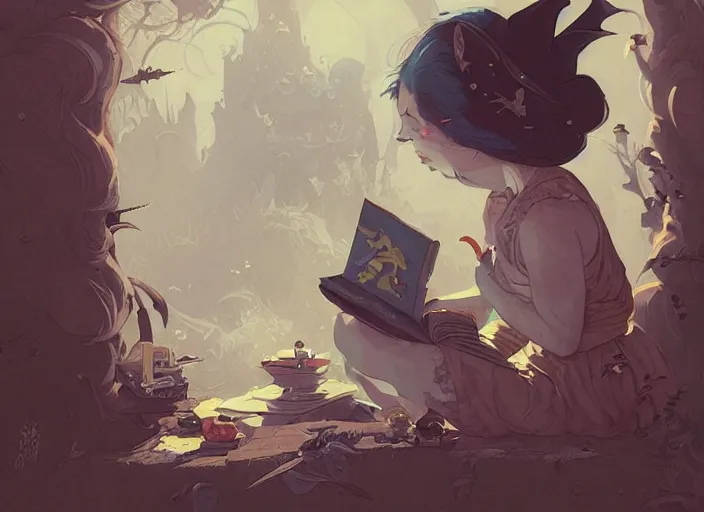 Image similar to highly detailed portrait of a little witch opening a book art by ghailan, james gilleard, by joe fenton, by greg rutkowski, by greg tocchini, by kaethe butcher, 4 k resolution, gradient yellow, black, brown and cyan color scheme, grunge aesthetic!!!