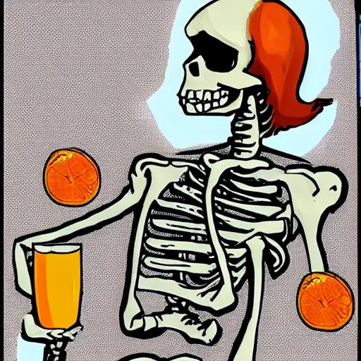 Prompt: a chill skeleton being awesome while pointing at an orange juice. it's night and the moon is shining