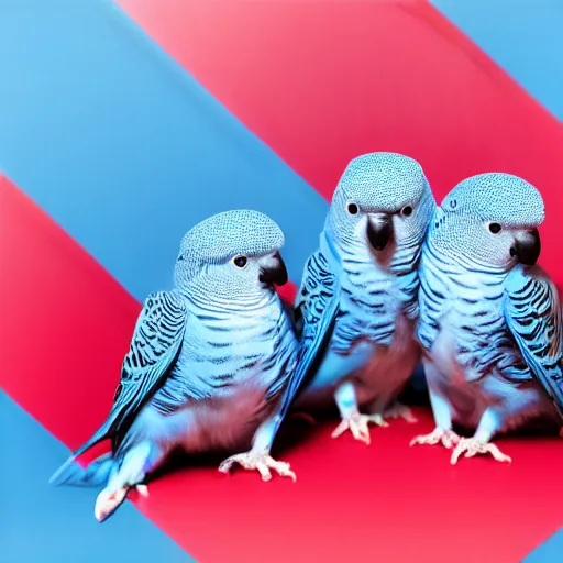 Image similar to Blue budgies wearing red and black checkered shirt, professional photography, studio lighting, 4k