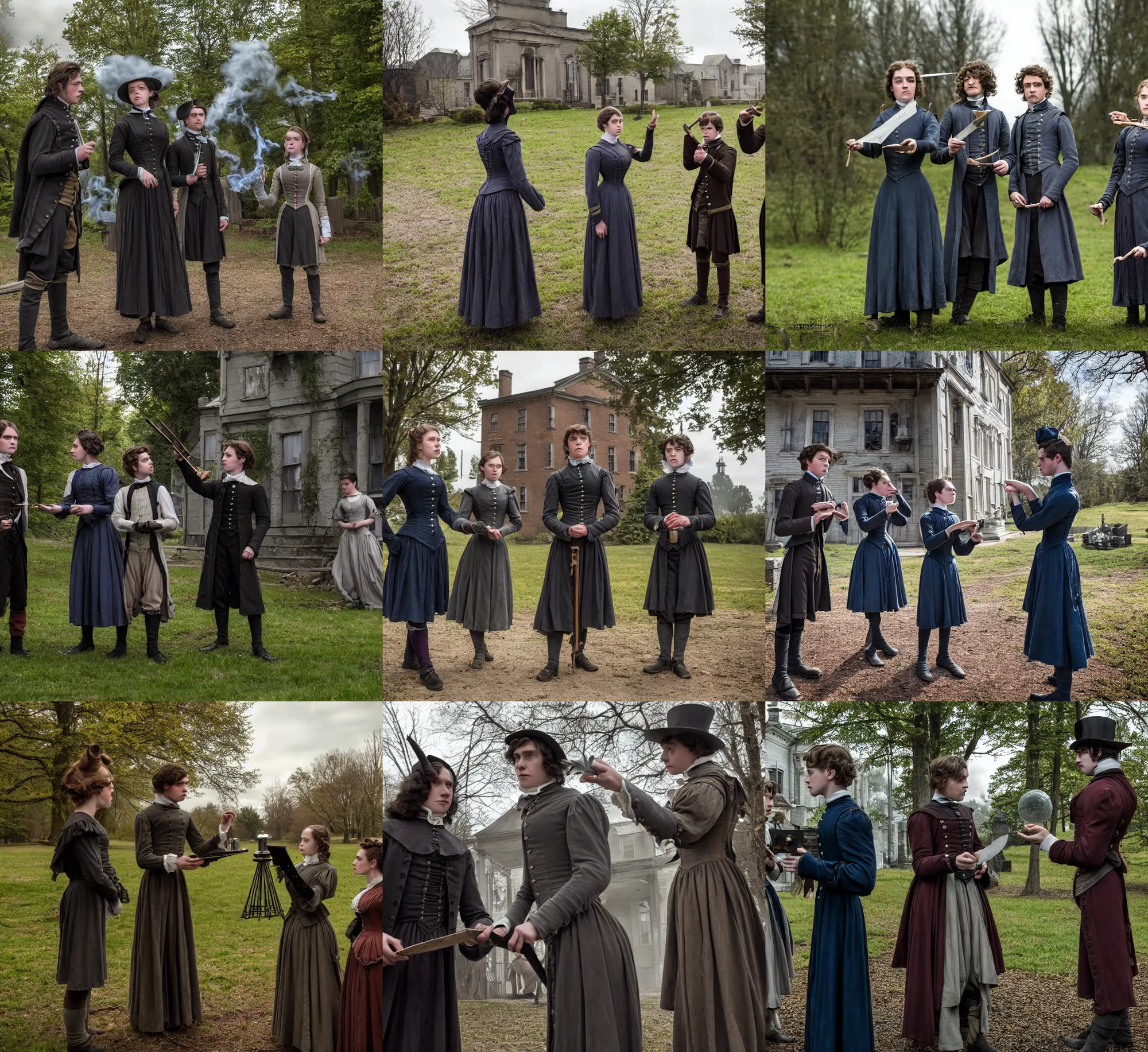 Prompt: sharp lens, detailed, still from a 2 0 1 9 sci fi 8 k movie, set in 1 8 5 0 in an alternate universe, mid distant shot of three students practicing magic, outside the school of magic, good special effects, wearing 1 8 5 0 s clothes, atmospheric lighting, in focus, reflective eyes, 3 5 mm macro lens, live action, nice composition