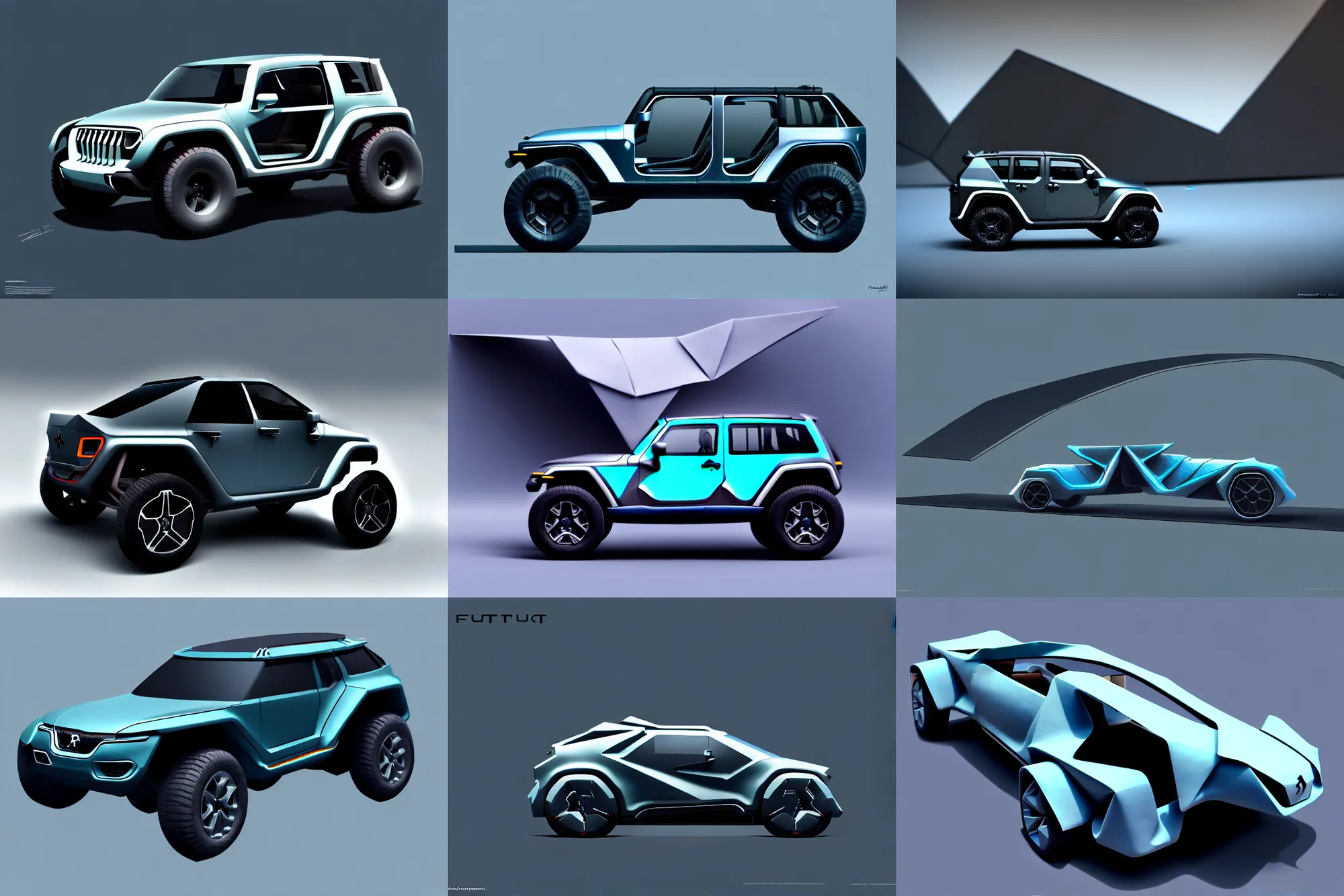 Prompt: digital matte painting : : of a curvilinear origami future jeep, glass and metal : : peugot onyx, renault ultimo, sci fi, artstation, concept art, industrial design, modern architecture