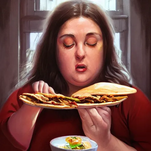 Image similar to portrait of a brunette chubby irish woman with blu eyes eating kebab, light stubble with red shirt inside victorian mansion ,digital art,photorealistoc,art by greg rutkowski,hyperdetailed,western comic style,comic,comic style,sharp lineart,professional lighting,deviantart,artstation,trevor henderson,rossdtaws,cinematic,dramatic