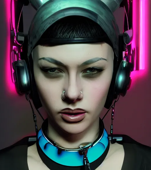 Image similar to detailed realistic female character cyberpunk wearing thick technological collar around neck, realistic, art, beautiful, 4K, collar, choker, collar around neck, punk, artstation, detailed, female, woman, choker, cyberpunk, neon, punk, collar, choker, collar around neck, thick collar, tight around neck, punk,