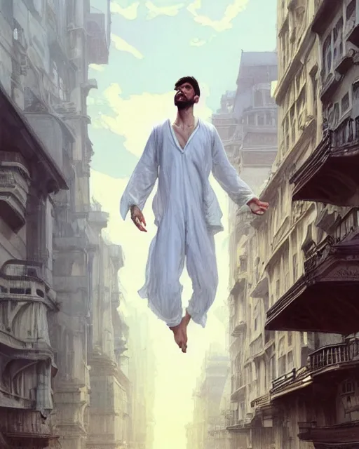 Image similar to wide angle of attractive man wearing a white linen clothes levitating over the street below, arms spread wide, the world ablaze, highly detailed, digital painting, artstation, concept art, smooth, sharp focus, illustration, art by artgerm, greg rutkowski, alphonse mucha, j. c. leyendecker