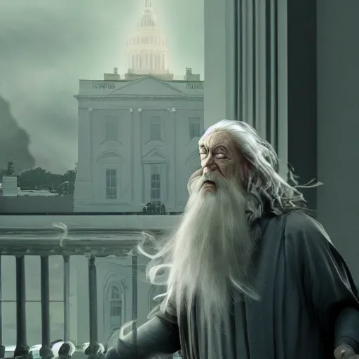 Image similar to gandalf attacks the white house, high detail shot, smoking, render, cgsociety, photorealism