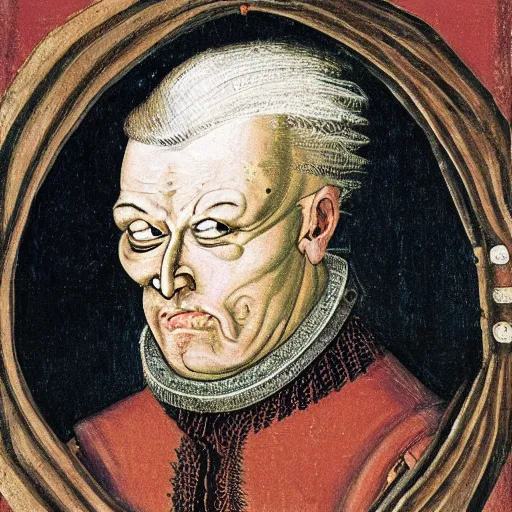 Prompt: a portrait of a very ugly medieval nobleman with white hair, big forhead and mismatched eyes.