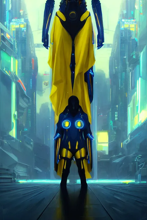 Prompt: cyberpunk knight modern technology, blue and yellow flags, realistic portrait full body, symmetrical, highly detailed, digital painting, artstation, concept art, smooth, sharp focus, illustration, cinematic lighting, art by artgerm and greg rutkowski and alphonse mucha