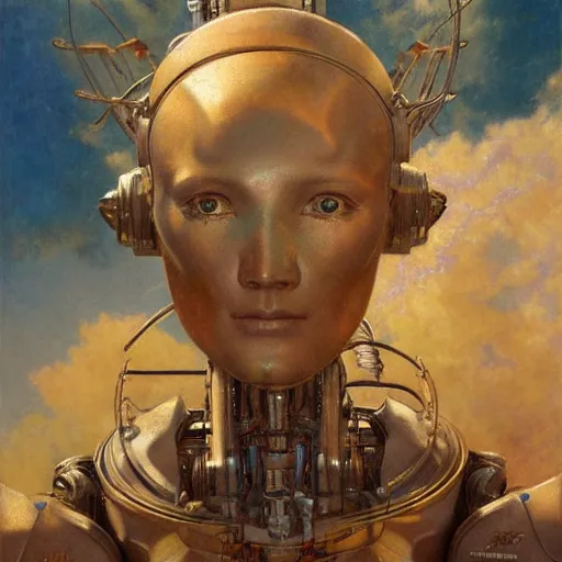 Image similar to highly detailed portrait of an humanoid robotic alien mecha, painting by gaston bussiere, craig mullins, j. c. leyendecker, lights, art by ernst haeckel, john william godward, hammershøi,