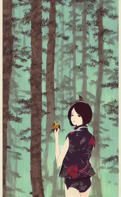 Image similar to by kuvshinov ilya, artstation, concept art, girl next to a japanese crane bird in japanese pines, trading card front, kimono, realistic anatomy, sun in the background