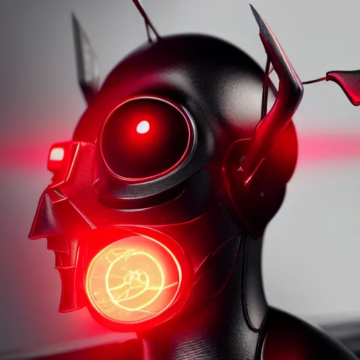 Prompt: 3D model of an evil cyborg, black and red theme, octane render, studio lighting, trending on artstation, highly detailed, specular, high quality, product photography, depth of field