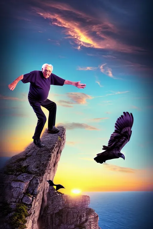 Image similar to elderly man falling off a cliff, tragic moment, 8 k, art by artgerm, award winning photo, sunset in background, ravens in the sky, highly - detailed