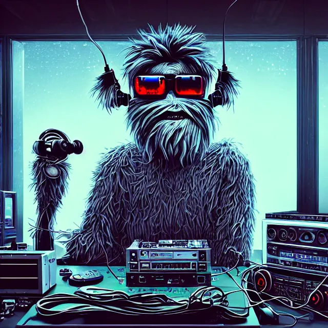 Image similar to a portrait of an anthropomorphic cyberpunk yeti podcasting while working in his secret electronics lab, detailed render, tape deck, hanging microphone, boombox, headphones, epic composition, cybernetics, 4 k realistic, cryengine, realistic shaded lighting, sharp focus, masterpiece, by matteo scalera, gary montalbano, peter elson in the style of the tokyo ghost comic