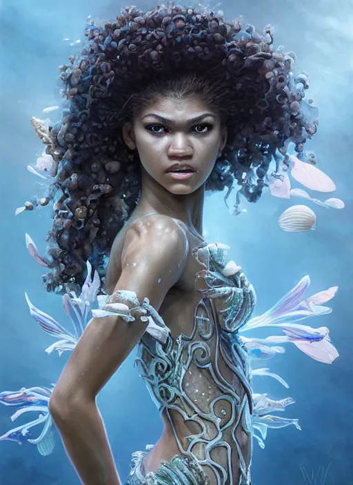 Image similar to dramatic upper body portrait of Zendaya as a dark-skinned mermaid by Ruan Jia and Mandy Jurgens and Artgerm and william-adolphe bouguerea, underwater, white lilies, shells, mirror, marvel comics, intricate, highly detailed, smooth, artstation, digital illustration by julie bell and Ruan Jia and Mandy Jurgens and Artgerm and William Adolphe Bouguereau and John Collier and Greg Rutkowski and Frank Frazetta