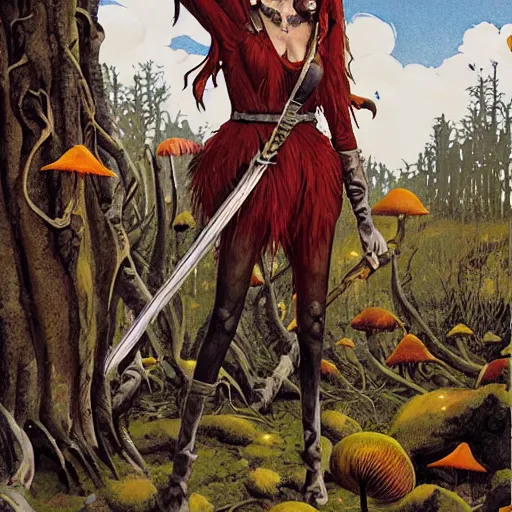 Image similar to moonshine cybin, epic level dnd wood elf spore druidess, wielding a magical sword, wearing magical overalls. covered in various fungi. full character concept art, realistic, high detail digital gouache painting by angus mcbride and michael whelan and jeffrey jones