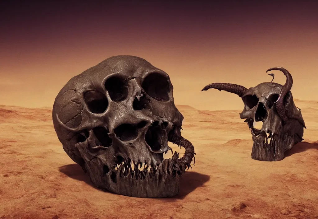 Image similar to eldritch animal alien skull in a dessert in mars, photorealistic, film, cinematic lighting, octane tender, volumetric light, dark - art