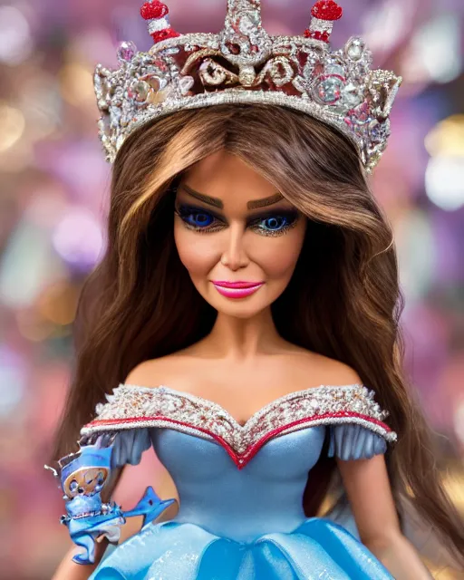 Image similar to highly detailed closeup, face profile portrait of a tin toy melania trump as a fairytale princess wearing a crown and eating cakes, bikini, depth of field, nicoletta ceccoli, mark ryden, lostfish, dan decarlo, bob clampett, max fleischer, breathtaking, detailed and intricate environment, 8 k resolution, hyperrealistic, octane render