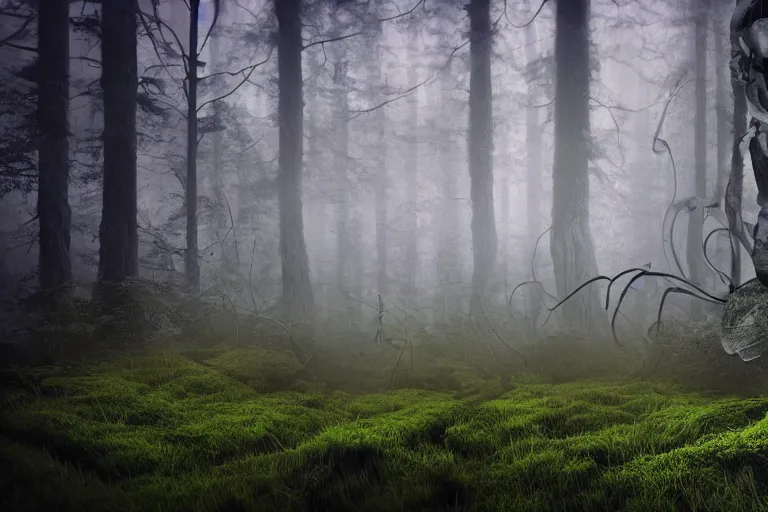 Prompt: human skeleton behind computer overgrown with moss, in foggy forest, at night, dark atmosphere, fantasy illustration, digital art