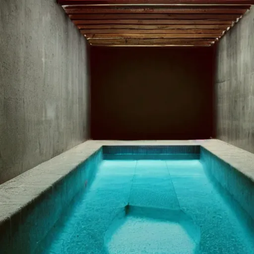 Prompt: overflowing underground pool, surreal, liminal,