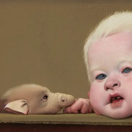 Image similar to an albino baby elephant portrait by Norman Rockwell, ultra realistic picture, looking at the camera, highly detailed, 8k, masterpiece, trending on cgsociety