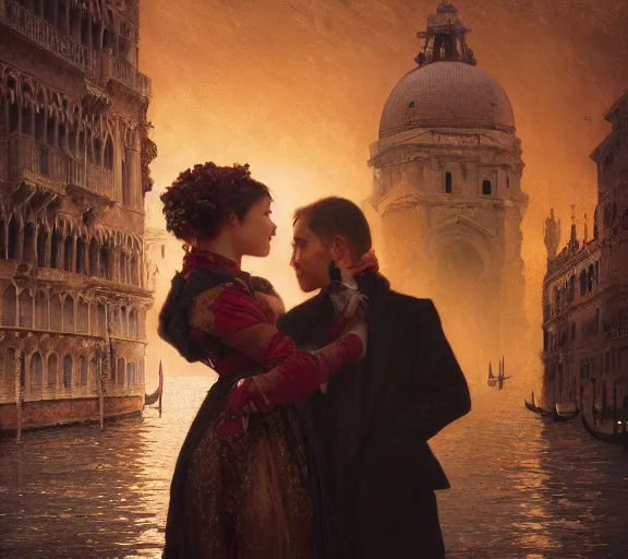 Image similar to photography of a 1 8 th couple in venice with fireworks, deep focus, intricate, elegant, highly detailed, digital painting, artstation, concept art, matte, sharp focus, illustration, art by artgerm and greg rutkowski and alphonse mucha and gil elvgren