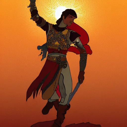 Prompt: an ultra detailed vector image of solaire of astora dressed as the prince of persia, concept art by alphonse mucha and greg rutkowski, bright red desert sands, bright yellow and red sun, octane render, praise the sun