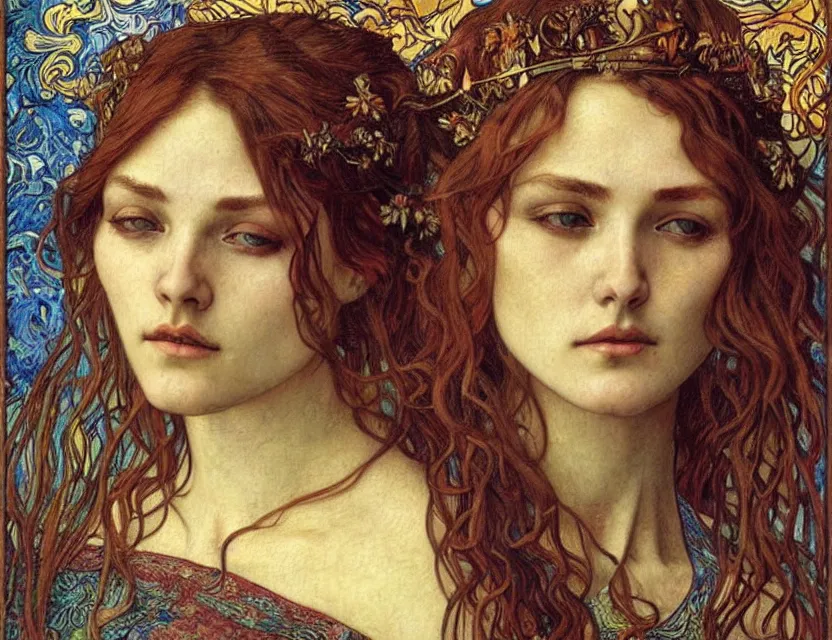 Image similar to detailed realistic beautiful young medieval queen face portrait by jean delville, alphonse mucha, vincent van gogh, and marco mazzoni, art nouveau, symbolist, visionary, gothic, pre - raphaelite
