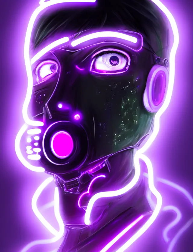 Prompt: a detailed manga portrait of a black haired man with a cybernetic body and face mask with glowing neon purple lights, trending on artstation, digital art, 4 k resolution, detailed, high quality, sharp focus, hq artwork, coherent, insane detail, character portrait