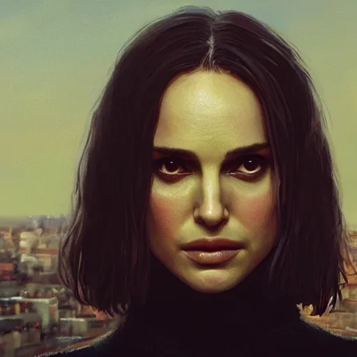 Image similar to closeup portrait of natalie portman from the movie leon the professional, matilda. hitman, city background, dramatic light, gorgeous view, depth, high detail, digital art, painted by greg rutkowski and seb mckinnon, by tim burton, trending on artstation