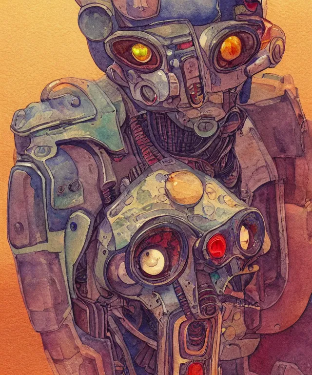 Prompt: a watercolor painting character portrait of a robot machine mutant in the style of jean giraud in the style of moebius trending on artstation deviantart pinterest detailed realistic hd 8 k high resolution