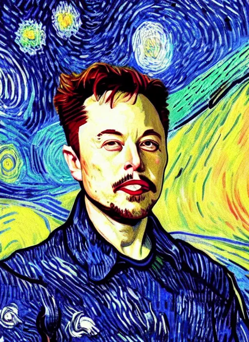 Image similar to self potrait of elon musk in van gogh style