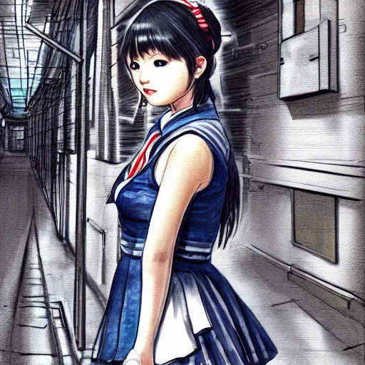 Prompt: an ultra-detailed perfect, realistic professional digital sketch of a Japanese schoolgirl posing in a sci-fi alleyway, style of Marvel, full length, by pen and watercolor, by a professional American senior artist on ArtStation, a high-quality hollywood-style sketch, on high-quality paper