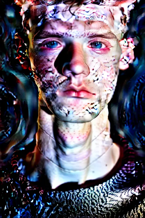 Image similar to high quality pastel coloured film mid angle selfie photograph of a beautiful young 2 0 year old male, soft features, black hair, standing in an icelandic black rock environment with reflective metallic clothing. atmospheric. three point light. photographic. art directed. ( pastel colours ). volumetric light. sheen. waves glitch. 8 k. filmic.