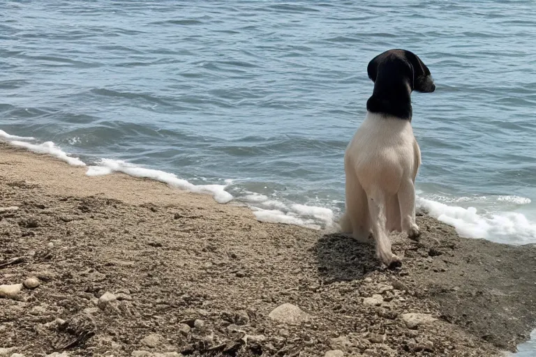 Image similar to a puppy is looking directly at the wavy water current below it while it stands at an edge of a cliff