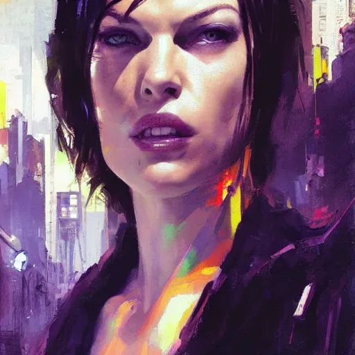 Image similar to milla jovovich portrait in the foreground of art by greg rutkowski scifi sharp neon city