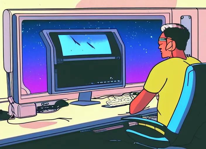 Prompt: a cartoon of a man sitting in front of a computer, a screenshot by mœbius, pixiv, retrofuturism, toonami, y 2 k aesthetic, synthwave