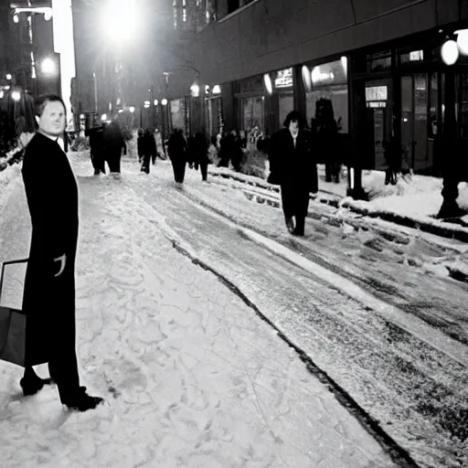 Prompt: 1 9 9 8 andy richter wearing a black wool coat and necktie standing on the streets of chicago at night in winter, holding shopping bags, dynamic lighting, holiday season.