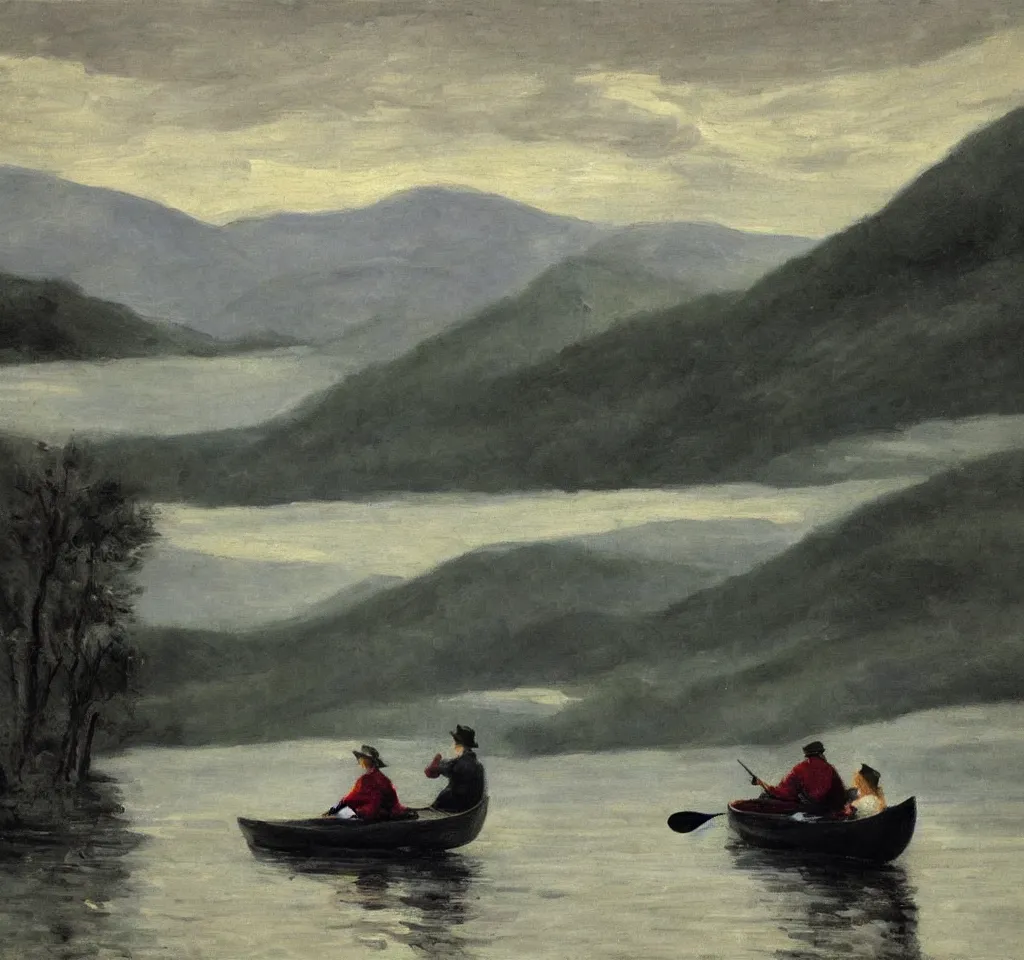 Image similar to one beautiful woman sitting in canoe on the hudson river, mountains in mist in the background, oil painting, style of george bellows